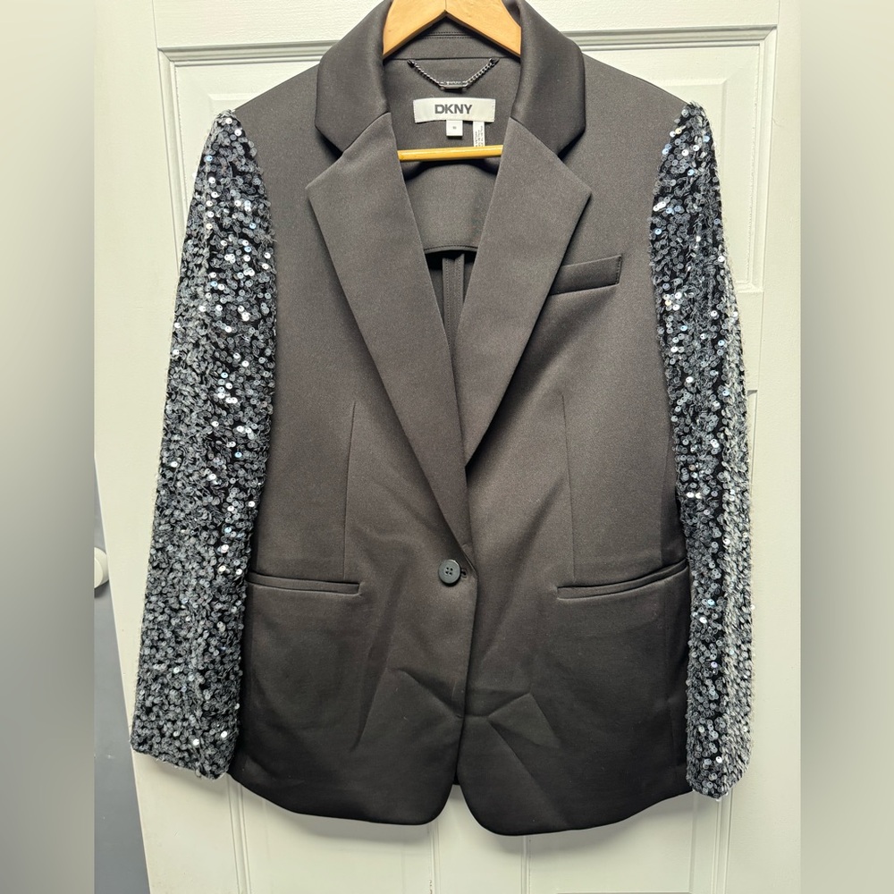DKNY Black Satin Blazer with Silver Sequin Sleeves Celebration Holidays Party